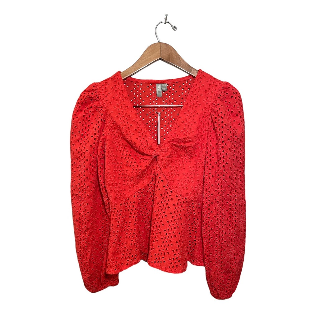 Asos Eyelet V-Neck Blouse Women's Size 0 Long Sleeve Red NWT - Picture 1 of 9